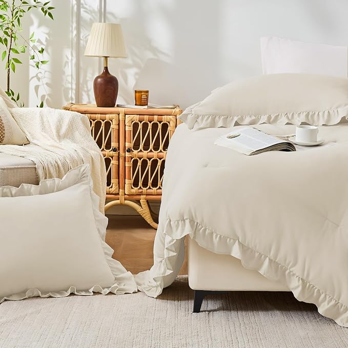 FUANNA King Size Comforter Set Cream White, 3 Pieces Ruffle King Bedding Set - Image 6