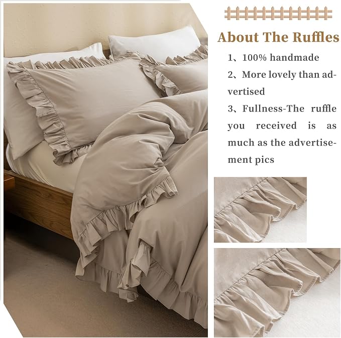 QSH Washed Cotton Queen Duvet Cover Set Ruffle Duvet Cover Linen Textured - Image 5