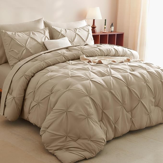 CozyLux King Size Comforter Set Taupe, 7 Pieces Pintuck Bed in A Bag Taupe by CozyLux