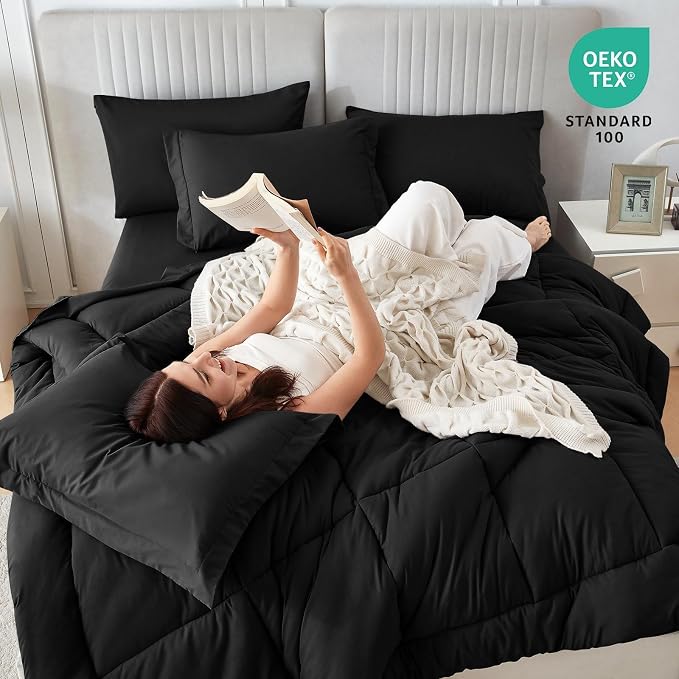 Sasttie Twin Comforter Set Black, 5 Pieces Bed in a Bag Twin, Complete Bedding - Image 2