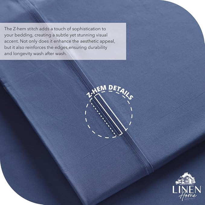 Linen Home 100% Cotton Percale Sheet Set, Full Size, Dark Blue, Deep Pocket - Image 3