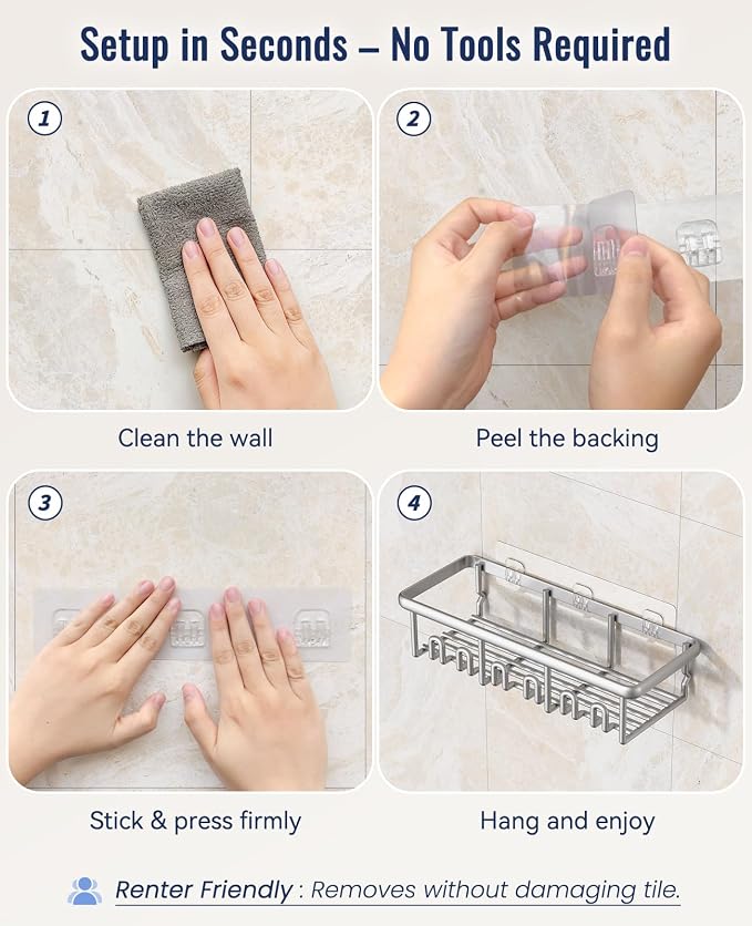 8 Pack Adhesive Rustproof Shower Shelves - Image 6