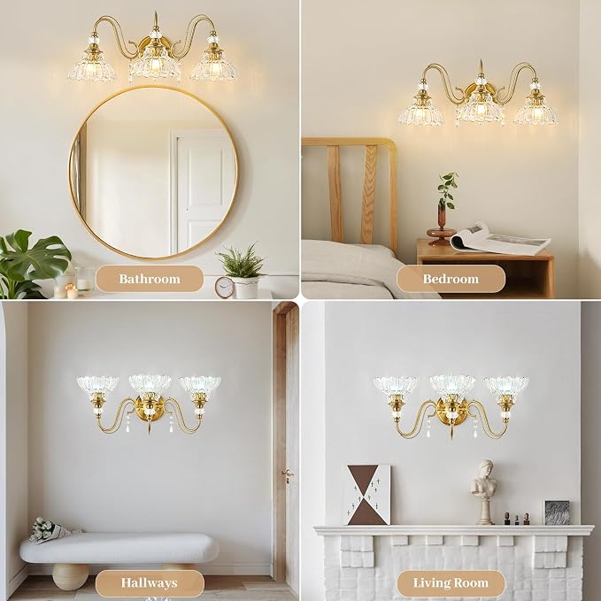 Vintage Bathroom Vanity Light, 3-Light Brushed Gold Finish Wall Sconce - Image 5