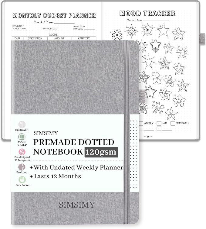 Dotted Journal Notebook with Premade Bullet Templates, Pre-made Dot Grid by SIMSIMY