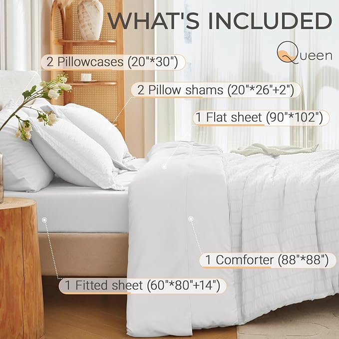 MUXHOMO 7 Pieces Queen Comforter Set, Seersucker Bed in a Bag Queen Size - Image 4