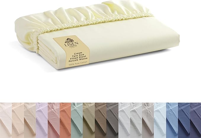 Linen Home 100% Cotton Percale Weave Fitted Sheet, Twin Size, 1 Deep Pocket by LINENHOME