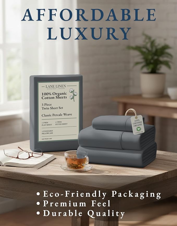 LANE LINEN 100% Organic Cotton 3Pc Bed Sheets Twin Size, Classic Percale Weave - Image 8