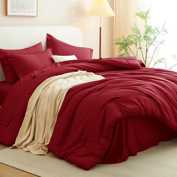 CozyLux King Size Comforter Set Dark Red, 7 Pieces Bed in a Bag King Comforter - Image 9