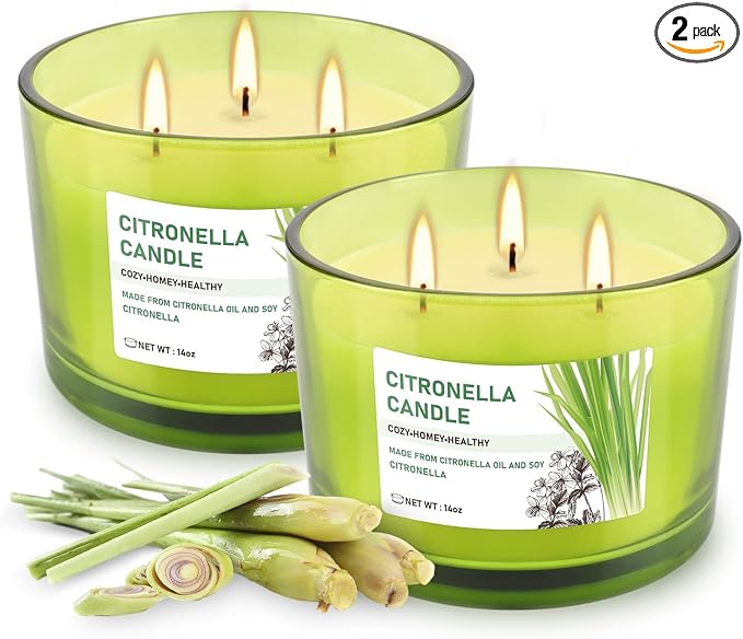 Set of 2 Green Glass Jars Citronella Oil Candles 14oz Smokeless & Outdoor by CAKETYCG