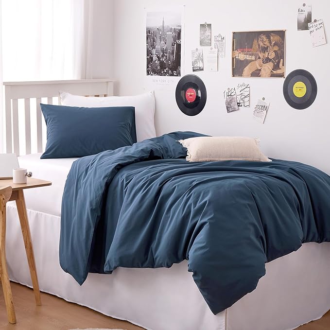 Wake In Cloud - Cotton Duvet Cover Set, Twin Size, Dark Navy Blue, 100% Washed - Image 4