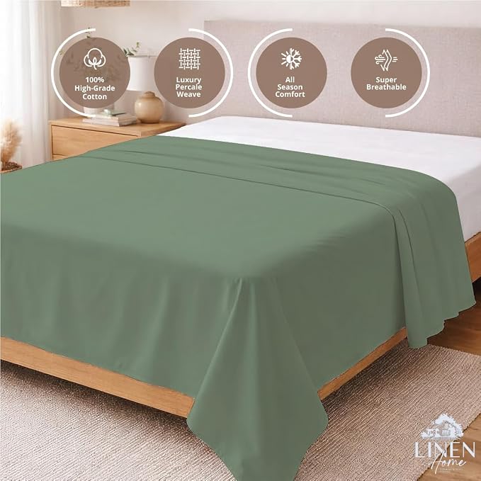 Linen Home 100% Cotton Percale 1 Flat Sheet, Full Size - Image 3