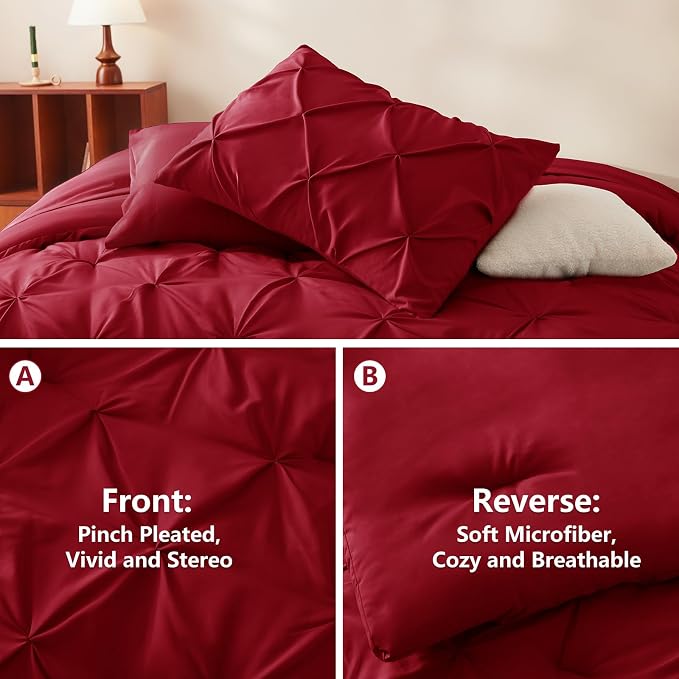 HIMEET Pintuck Bed in a Bag, 7 Pieces King Size Comforter Set Dark Red - Image 3