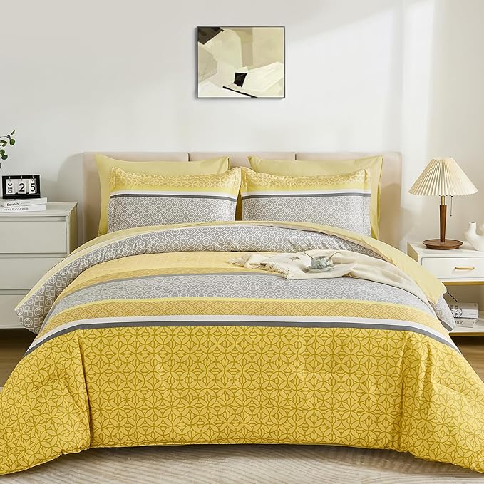 WONGS BEDDING Yellow Comforter Set King Size, 7 Pieces Striped Bed in a Bag - Image 2