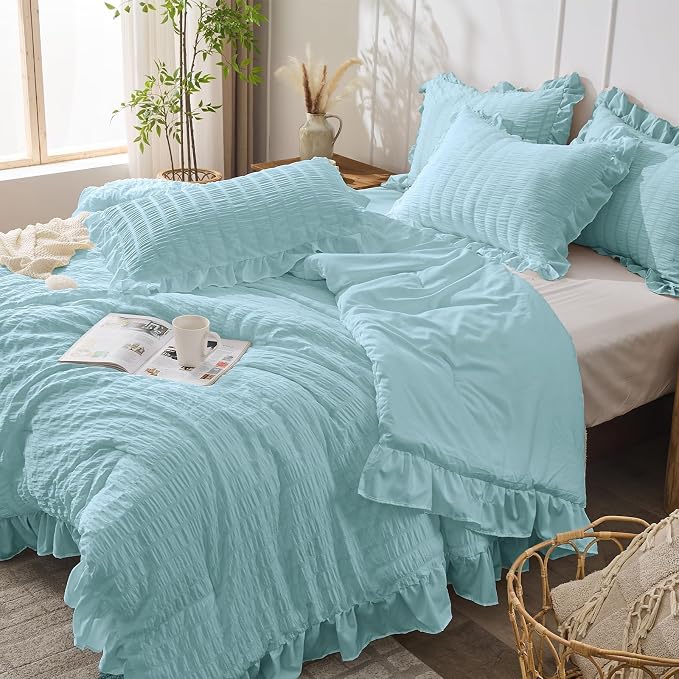 JOLLYVOGUE Light Blue King Size Comforter Set, 3 Pieces Seersucker Comforter - Image 7