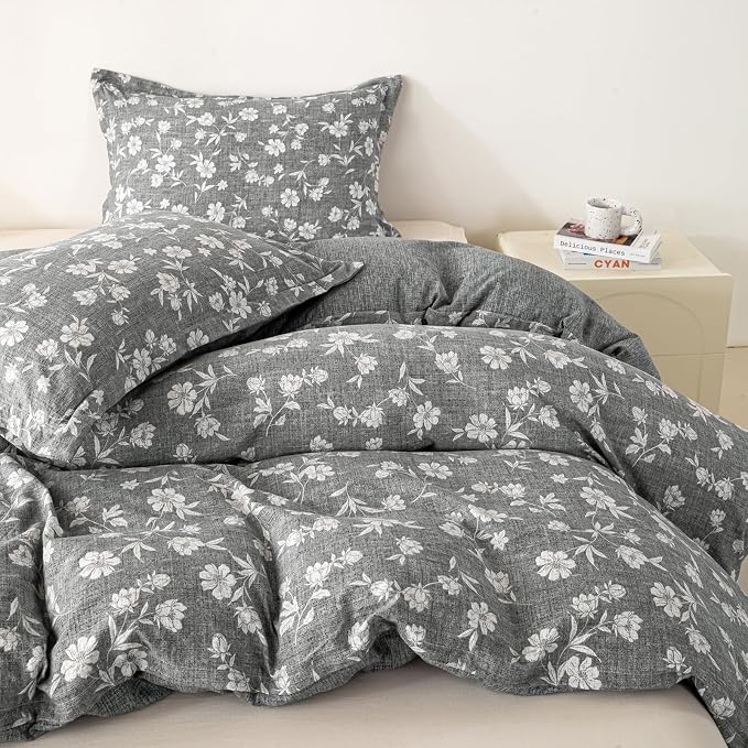OAITE Grey Flower Queen Size Duvet Cover-3 Pieces Prewashed Cotton-Like - Image 3