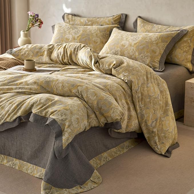 mixinni Duvet Cover King, Premium Cotton Double-Layer Yarn Golden Floral - Image 8