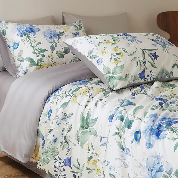 mixinni Reversible Floral Duvet Cover Set Queen Size, 3 Piece Blue Green - Image 2