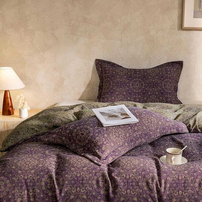 mixinni Purple Green Floral Duvet Cover Queen Size, Elegant Double-Layer Yarn - Image 3