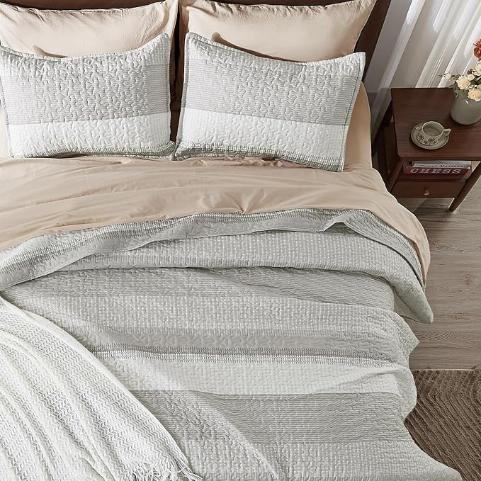 Andency Queen Quilt Bedding Set Linen Grey, 3 Pieces Patchwork Summer Striped - Image 5