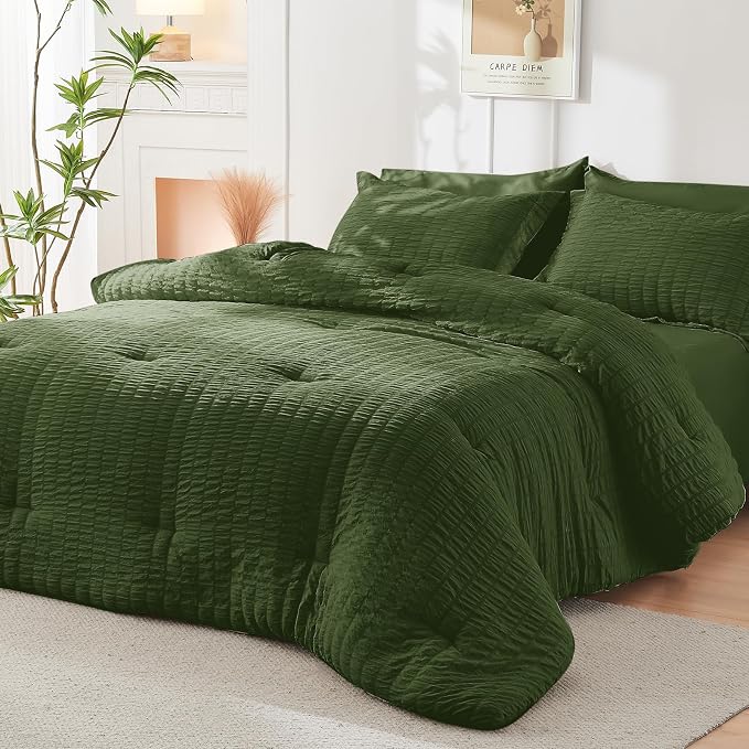 HYMOKEGE Olive Green Twin Comforter Set Seersucker 5 Pieces, All Season Luxury - Image 8