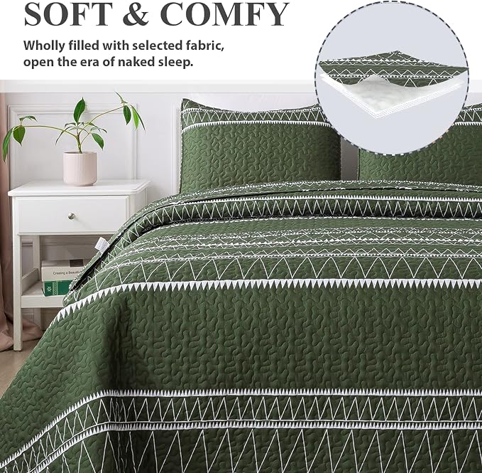 Andency Green California King Quilt Set, 3 Pieces Boho Lightweight Soft Striped - Image 3