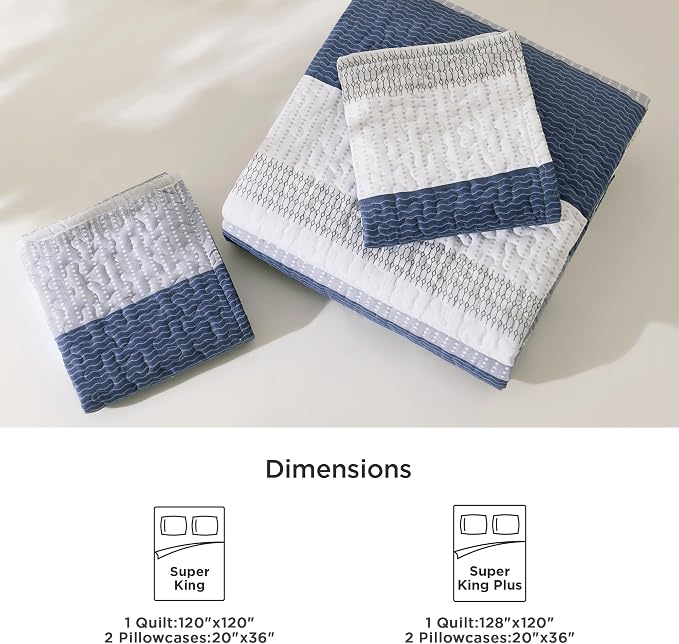 Litanika Oversized King Quilt Set Mineral Blue, 128x120 Stripe Bedspread - Image 6