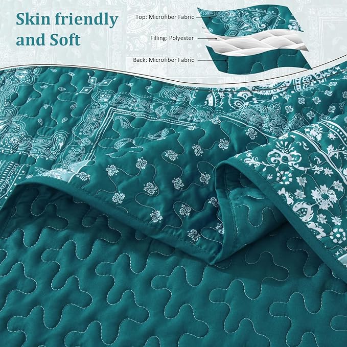 Cottolester Teal Patchwork Quilt Set Queen Size, 3 Pieces Boho Paisley Quilt Set - Image 4