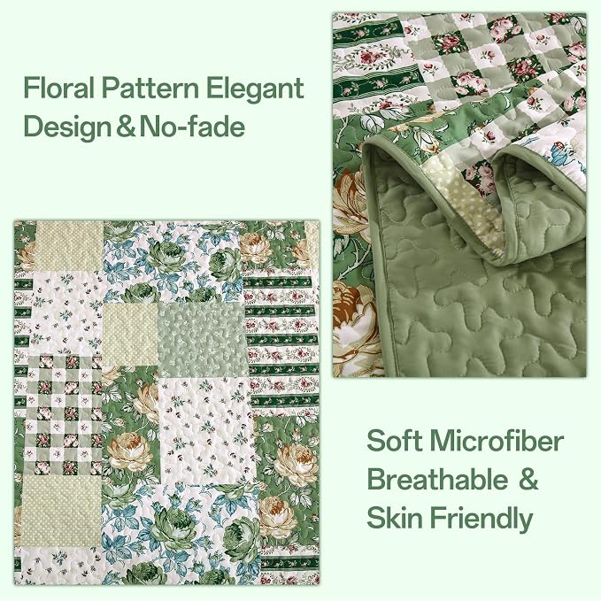 Anibedding Patchwork Quilt Set Queen Size Sage Green Floral Bedspread Coverlet - Image 4