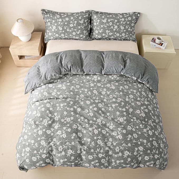 OAITE Grey Flower Queen Size Duvet Cover-3 Pieces Prewashed Cotton-Like - Image 6
