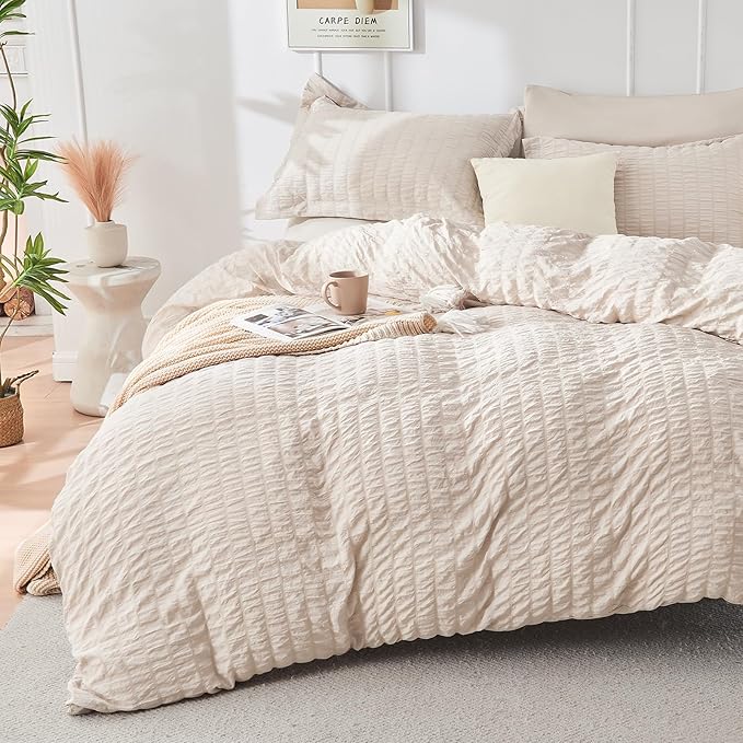 HYMOKEGE Beige Oversized Queen Comforter Set Seersucker 7 Pieces, All Season - Image 3