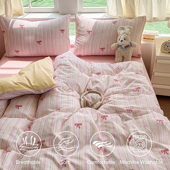 BOLINLIVING Pink Bow Duvet Cover Queen Size, Girls Cute Striped Bowknot Yellow - Image 3