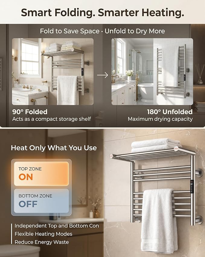 High-Density Foldable Heated Towel Rack, Smart Dual-Zone App/Voice Control - Image 3