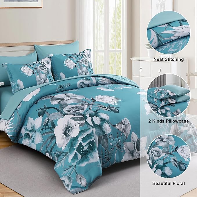 Luxudecor Floral Comforter Set Twin Size 5 Piece, Teal Blue Flower Bed in a Bag - Image 6
