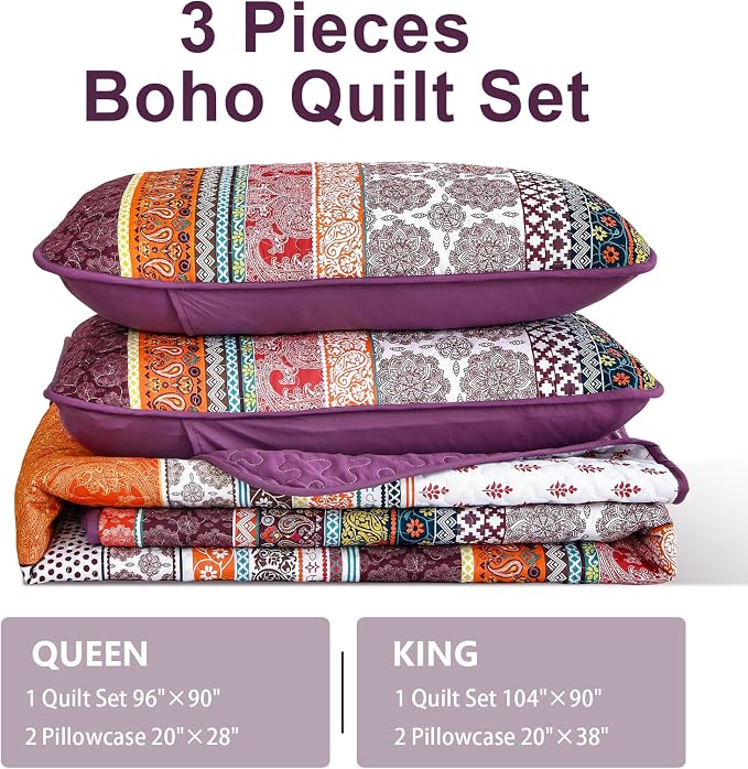 WONGS BEDDING Boho Quilt Set King Size, Lightweight Soft Microfiber Bedding Set - Image 7