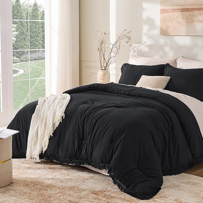 Andency Black Comforter Set California King, 3 Pieces Boho Tassel Lightweight by Andency