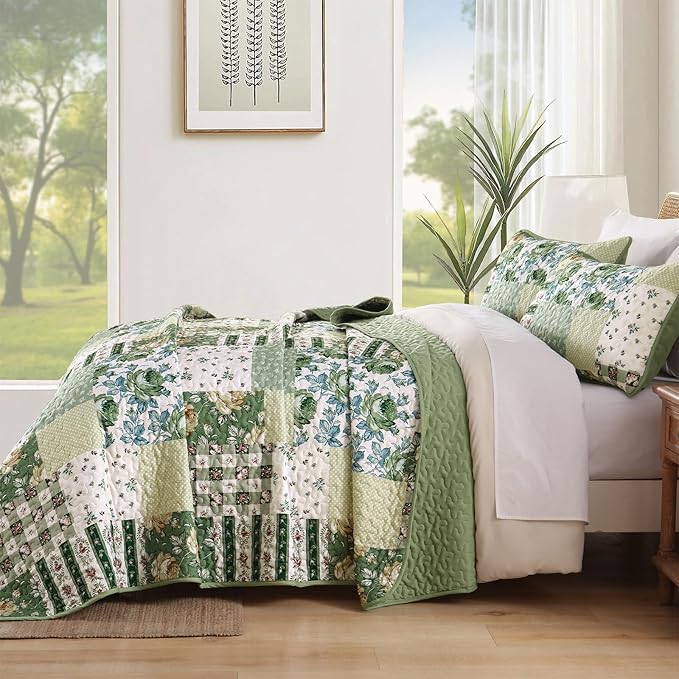 Anibedding Patchwork Quilt Set Queen Size Sage Green Floral Bedspread Coverlet - Image 3