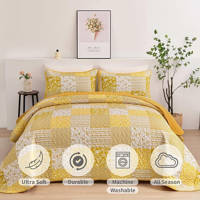 Mybedsoul Yellow Boho Quilt Set King Size, 3 Pieces Plaid Floral Bedspread - Image 4