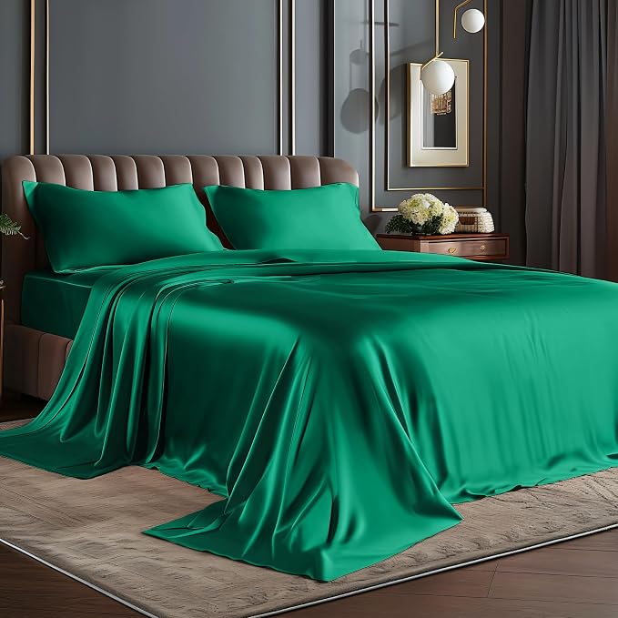 BEDELITE California King Sheets Set, Luxury Soft Dark Green Satin Sheets by BEDELITE