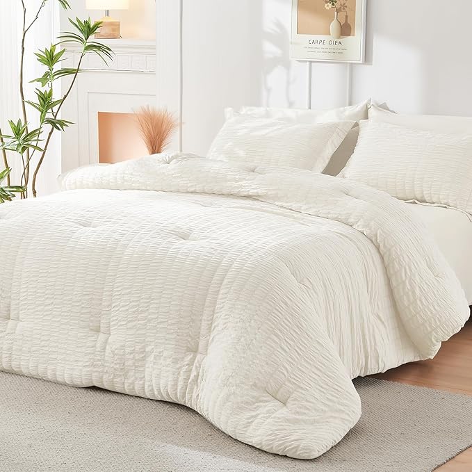 HYMOKEGE Ivory California King Comforter Set Seersucker 7 Pieces, All Season - Image 8