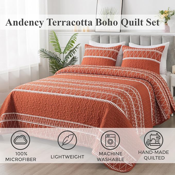 Andency Terracotta California King Quilt Set, 3 Pieces Boho Lightweight Soft - Image 2