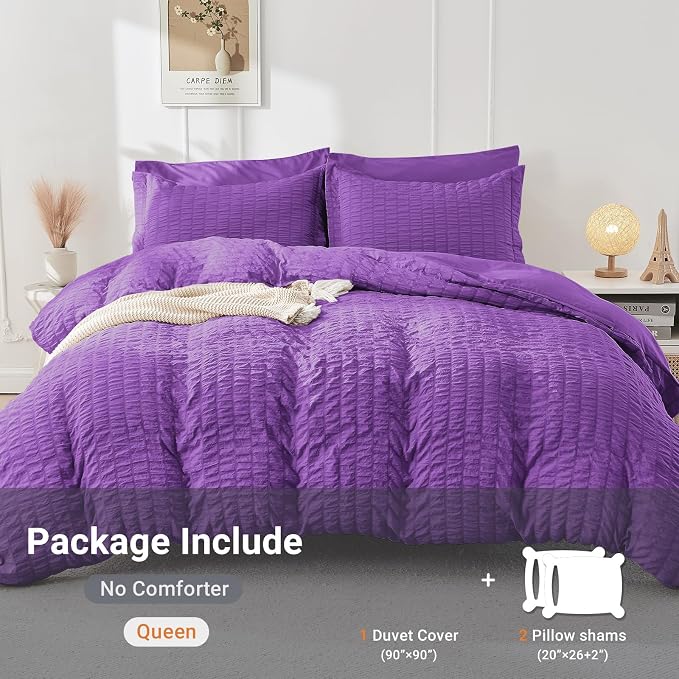 HYMOKEGE Dark Purple Duvet Cover Queen Size, Ultra Soft 3-Piece Seersucker - Image 5