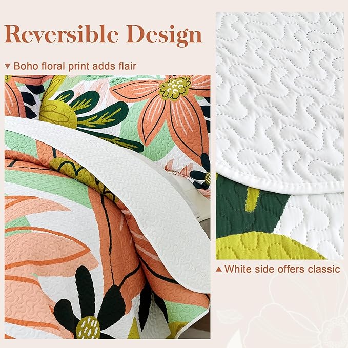 Tyrot 3 Piece Boho Floral King Size Quilt Sets Farmhouse Reversible Lightweight - Image 3