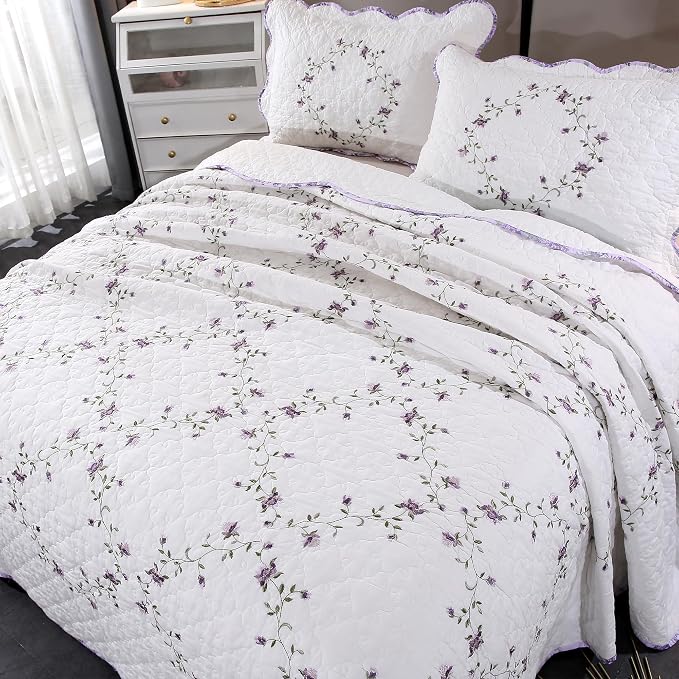 Quilt Set Purple Floral 3D Embroidery Pattern 3 PCS 100% Cotton Reversible by ROOMLIFE