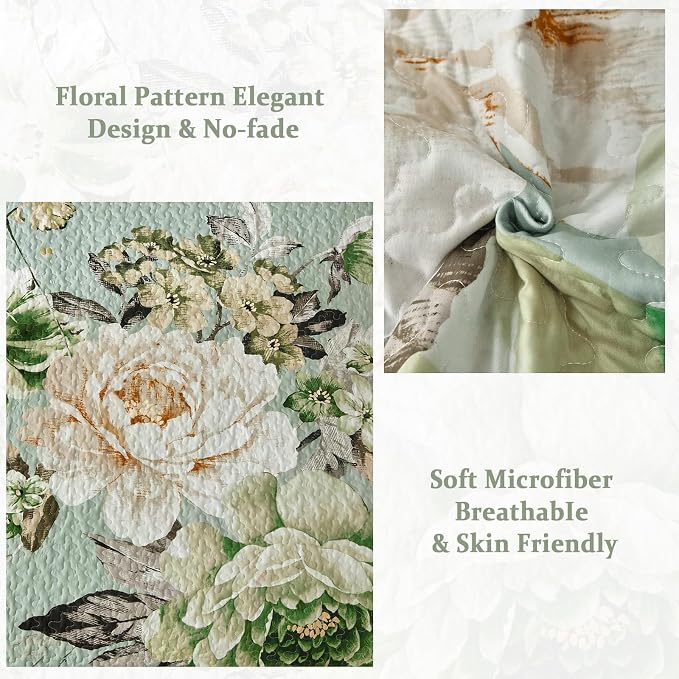 WONGS BEDDING Sage Green Floral Quilt Set King, 3 Pieces Elegant Flower - Image 4