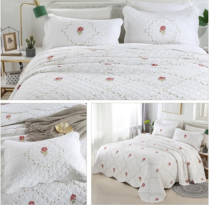 ROOMLIFE Quilt Set King Size 3D Floral Peony Embroidery Pattern 3-Piece Cotton - Image 5