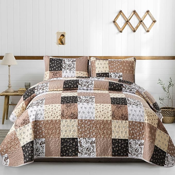 Mybedsoul Brown Quilt Set Full Size, 3 Pieces Plaid Floral Bedspread Set by Mybedsoul