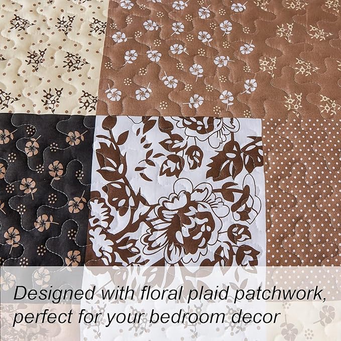 Mybedsoul Brown Quilt Set Twin Size, 2 Pieces Plaid Floral Bedspread Set - Image 7