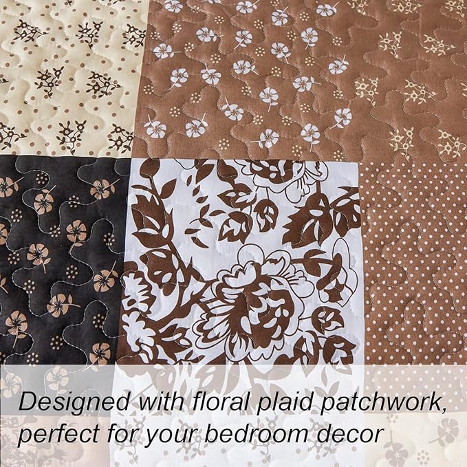 Mybedsoul Brown Quilt Set Full Size, 3 Pieces Plaid Floral Bedspread Set - Image 7