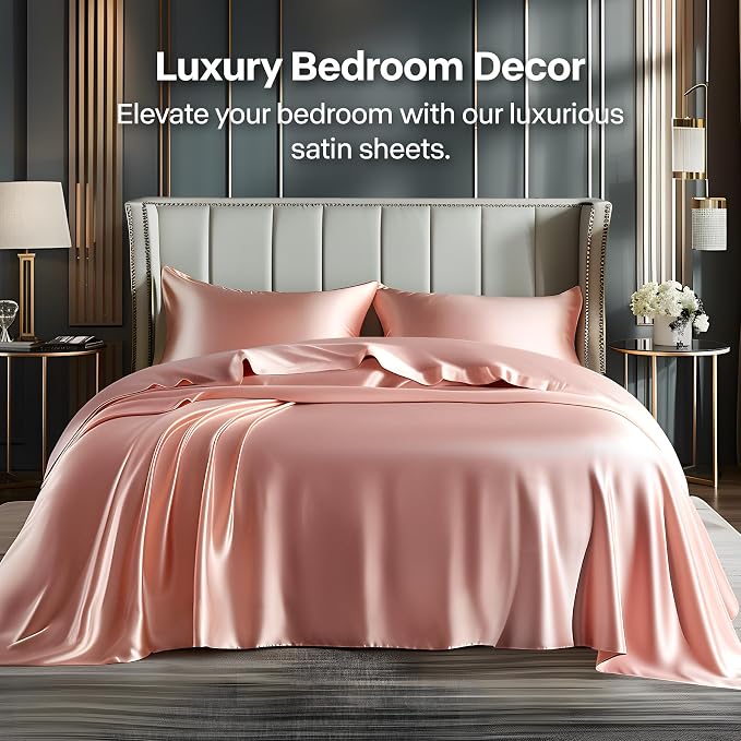 BEDELITE Satin Sheets Twin Size Bed Set, Luxury Soft Rose Pink Silky Sheets - Image 2
