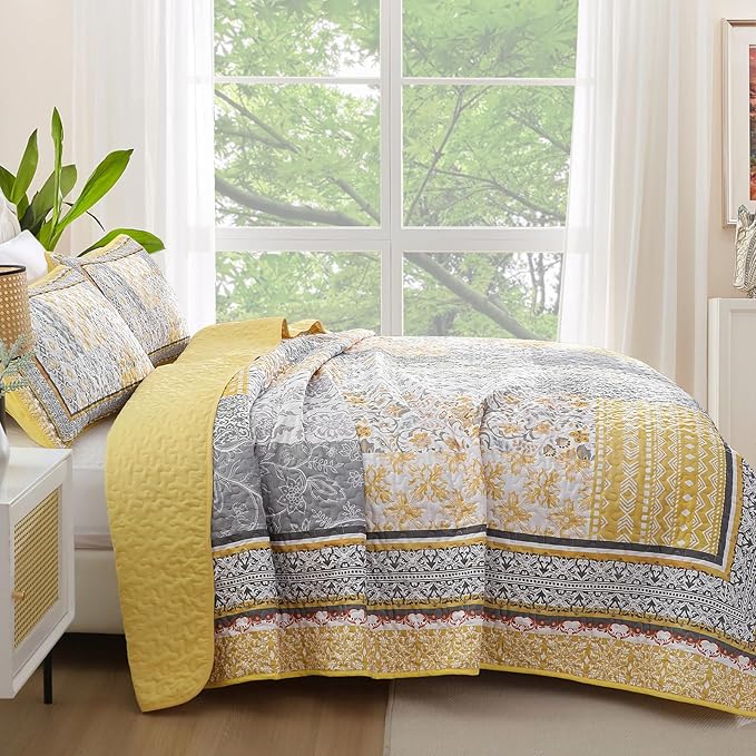 WONGS BEDDING Yellow Quilt Set Queen, Bohemian Patchwork Bedspread Coverlet Set - Image 3